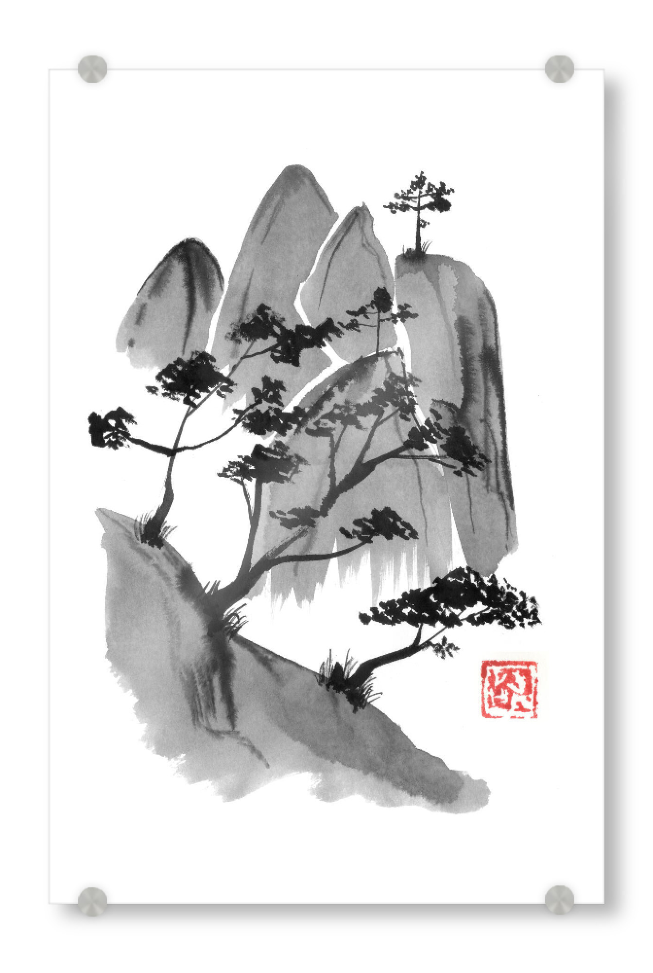 Acrylglasbild "Mountain rocks" artboxONE - Natur - Mountain,Cliff,Sumie,Japan,Berg,Baum,Tree,Schwarzweiß,Blackandwhite,Nature,Natur