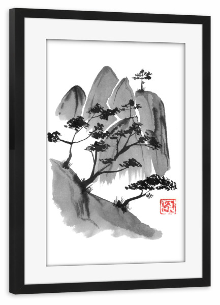 Poster mit Rahmen schwarz "Mountain rocks" artboxONE - Natur - Mountain,Cliff,Sumie,Japan,Berg,Baum,Tree,Schwarzweiß,Blackandwhite,Nature,Natur
