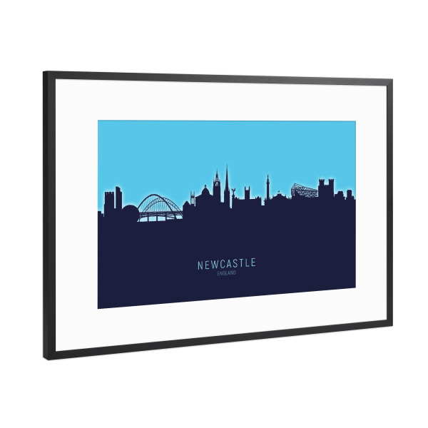 Poster mit Rahmen Schwarz (Metallic) "Newcastle Skyline Glow Blue" artboxONE - Städte