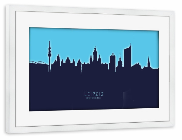 Poster mit Rahmen weiß "Leipzig Germany Skyline Glow Blue" artboxONE - Städte