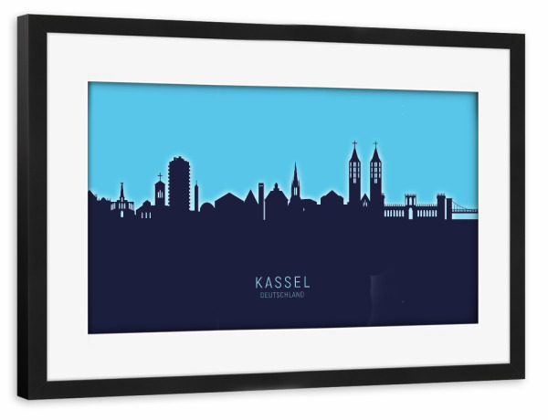 Poster mit Rahmen schwarz "Kassel Germany Skyline Glow Blue" artboxONE - Städte