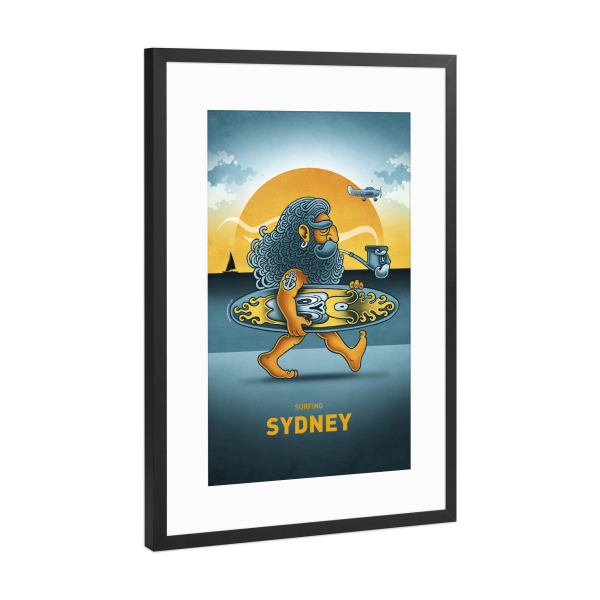 Poster mit Rahmen Schwarz (Metallic) "Sydney Surfer" artboxONE - Städte,Reise,Streetart,Städte / Sydney,Lustig