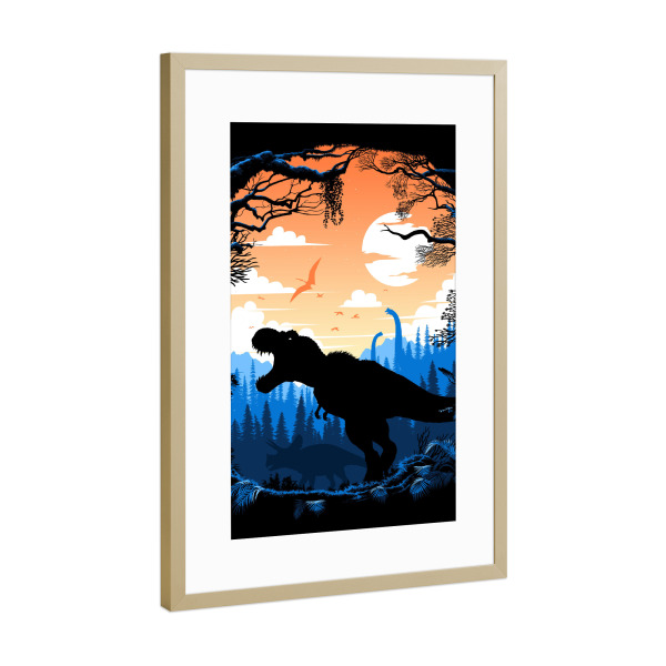 Poster mit Rahmen Gold "T-Rex in jungle" artboxONE - Tiere - Dinosaur,Dino,Jungle,Diplodocus,Jurassic,Tyranosaurus,Rex,Animal,Kinder,Children,Nursery