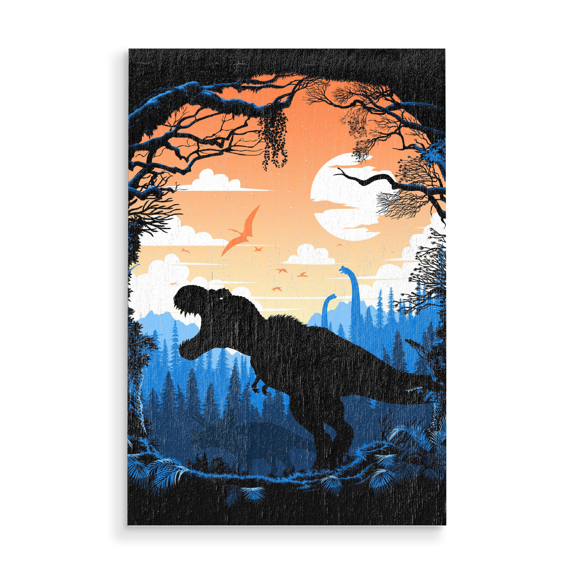 Holzbild "T-Rex in jungle" artboxONE - Tiere - Dinosaur,Dino,Jungle,Diplodocus,Jurassic,Tyranosaurus,Rex,Animal,Kinder,Children,Nursery