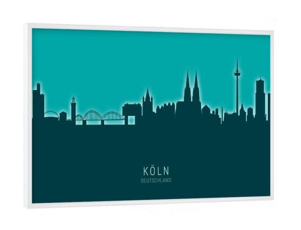 Poster mit weißem Rahmen "Cologne Germany Skyline Glow Teal" artboxONE - Städte,Städte / Köln