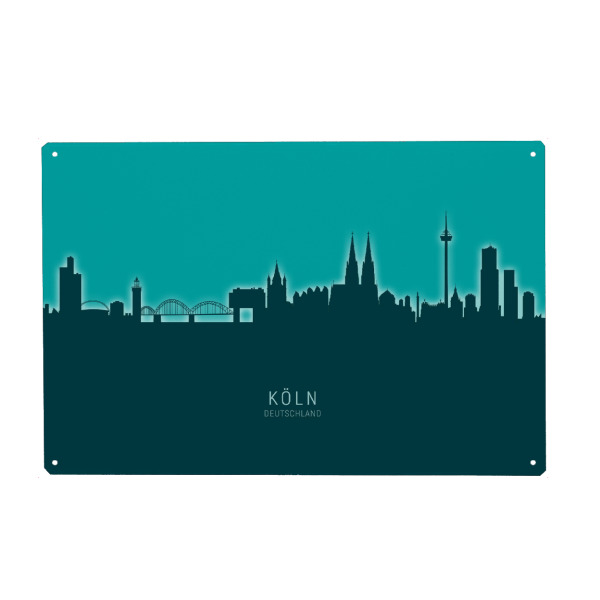 Metall Poster "Cologne Germany Skyline Glow Teal" artboxONE - Städte,Städte / Köln