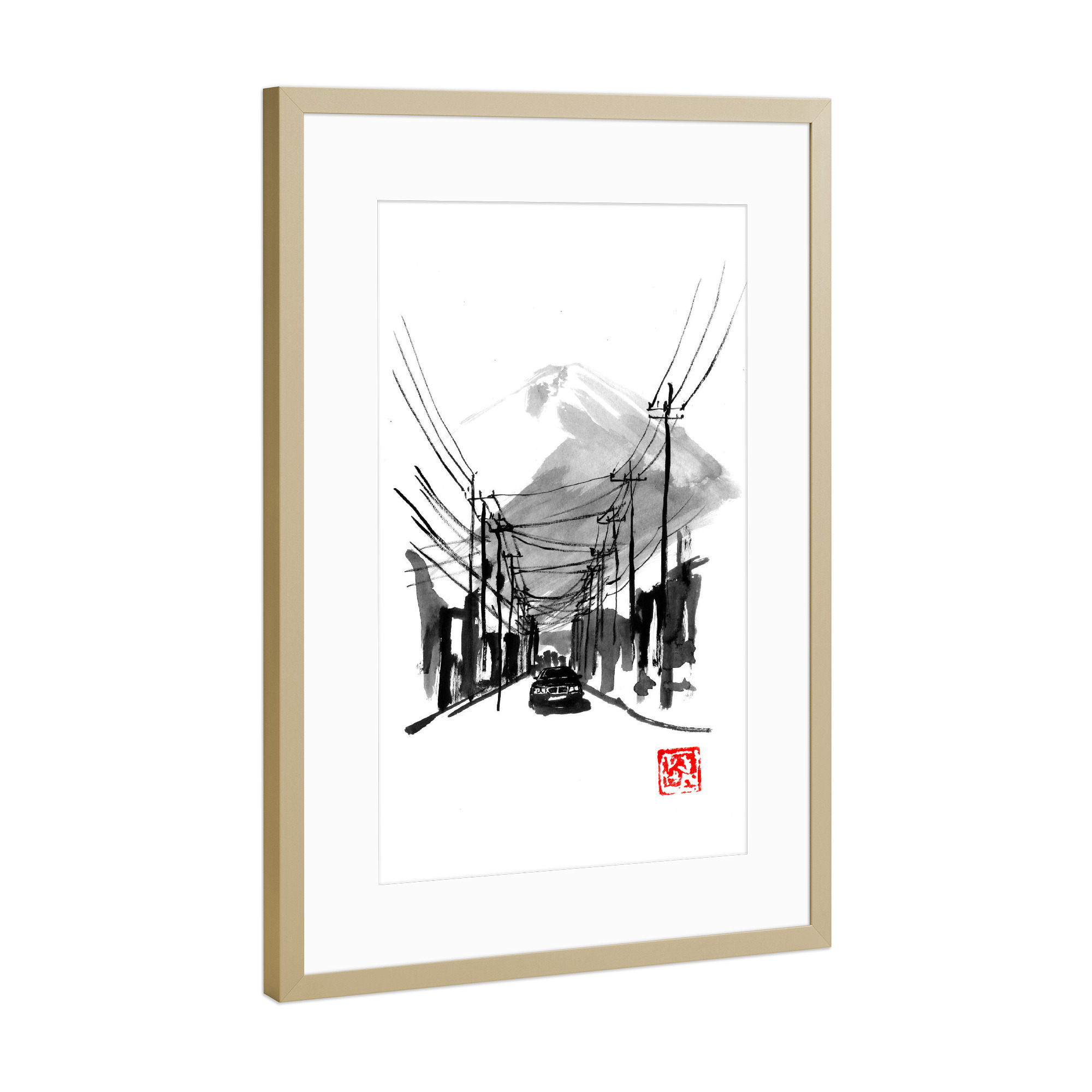 Poster mit Rahmen Gold "Fujiyoshida with rover" artboxONE - Natur - Fujiyoshida,Japan,Rover,Fuji,Sumie,Car,Malerei,Painting,Schwarzweiß,Blackandwhite