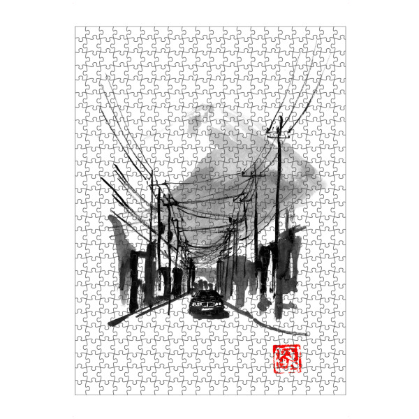 Puzzle Ravensburger "Fujiyoshida with rover" artboxONE - Natur - Fujiyoshida,Japan,Rover,Fuji,Sumie,Car,Malerei,Painting,Schwarzweiß,Blackandwhite