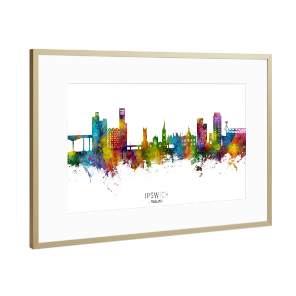Poster mit Rahmen Gold "Ipswich England Skyline txt" artboxONE - Städte