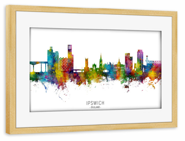 Poster mit Rahmen kiefer "Ipswich England Skyline txt" artboxONE - Städte