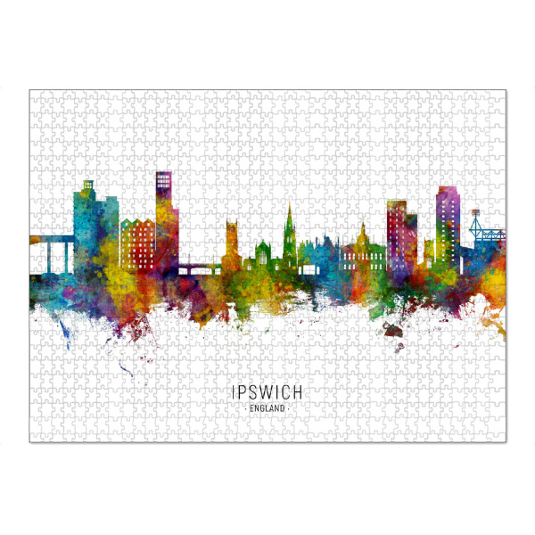 Puzzle Ravensburger "Ipswich England Skyline txt" artboxONE - Städte - Ipswich,England,Skyline,Cityscape,Stadtbild,Watercolor,City,Stadt,Colorful,Bunt