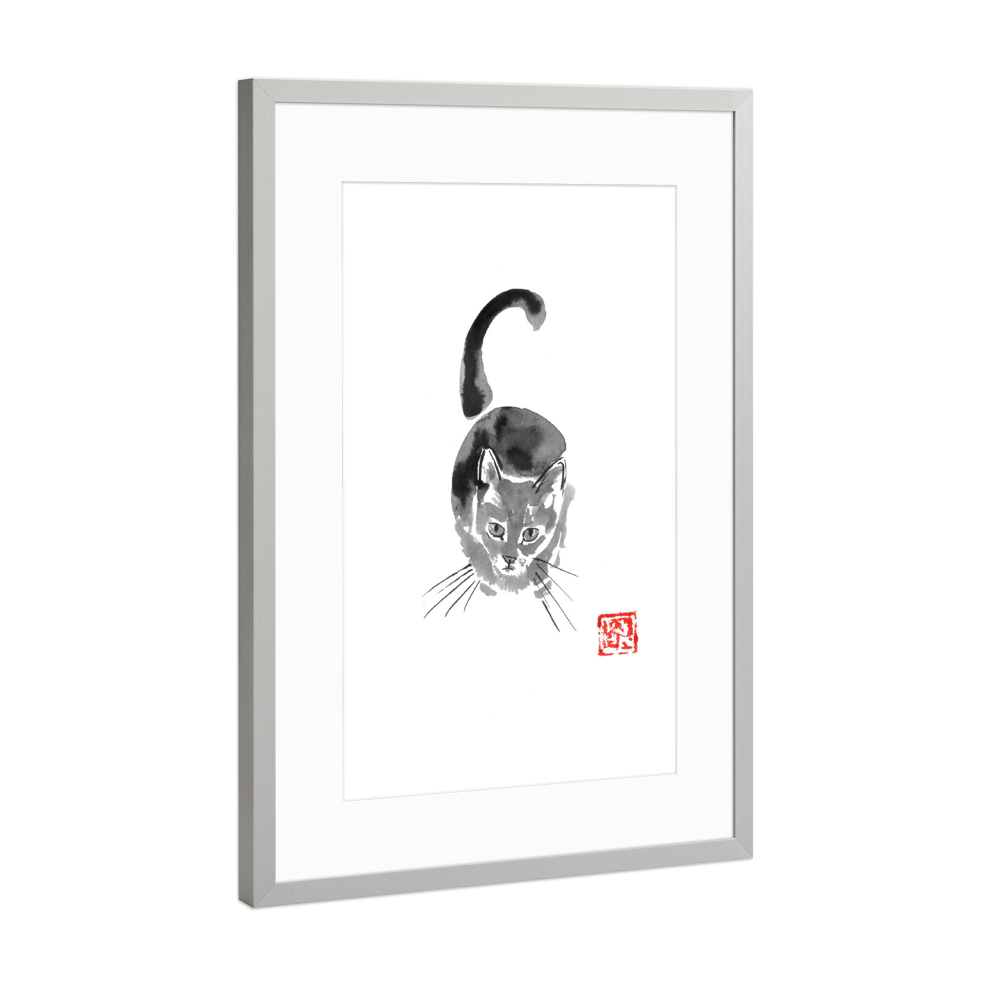 Poster mit Rahmen Silber "Asking cat from above" artboxONE - Tiere - Cat,Neko,Sumie,Japan,Schwarzweiß,Blackandwhite,Katze,Animal,Tier,Pet