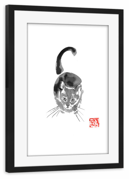 Poster mit Rahmen schwarz "Asking cat from above" artboxONE - Tiere - Cat,Neko,Sumie,Japan,Schwarzweiß,Blackandwhite,Katze,Animal,Tier,Pet