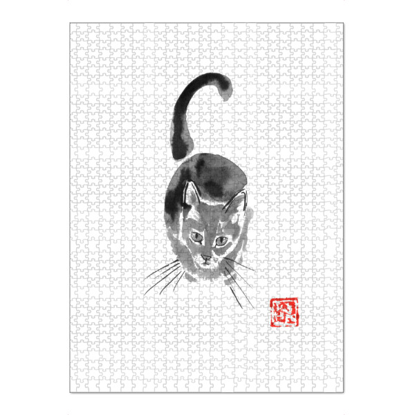 Puzzle Ravensburger "Asking cat from above" artboxONE - Tiere - Cat,Neko,Sumie,Japan,Schwarzweiß,Blackandwhite,Katze,Animal,Tier,Pet - Bild cat