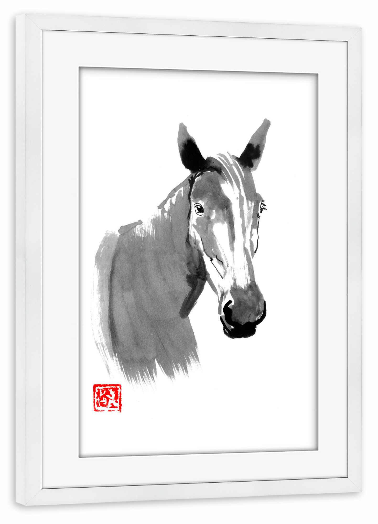 Poster mit Rahmen weiß "Horse Portrait" artboxONE - Tiere - Horse head,Sumie,Japan,Horse,Pferd,Tier,Animal,Portrait,Schwarzweiß,Blackandwhite