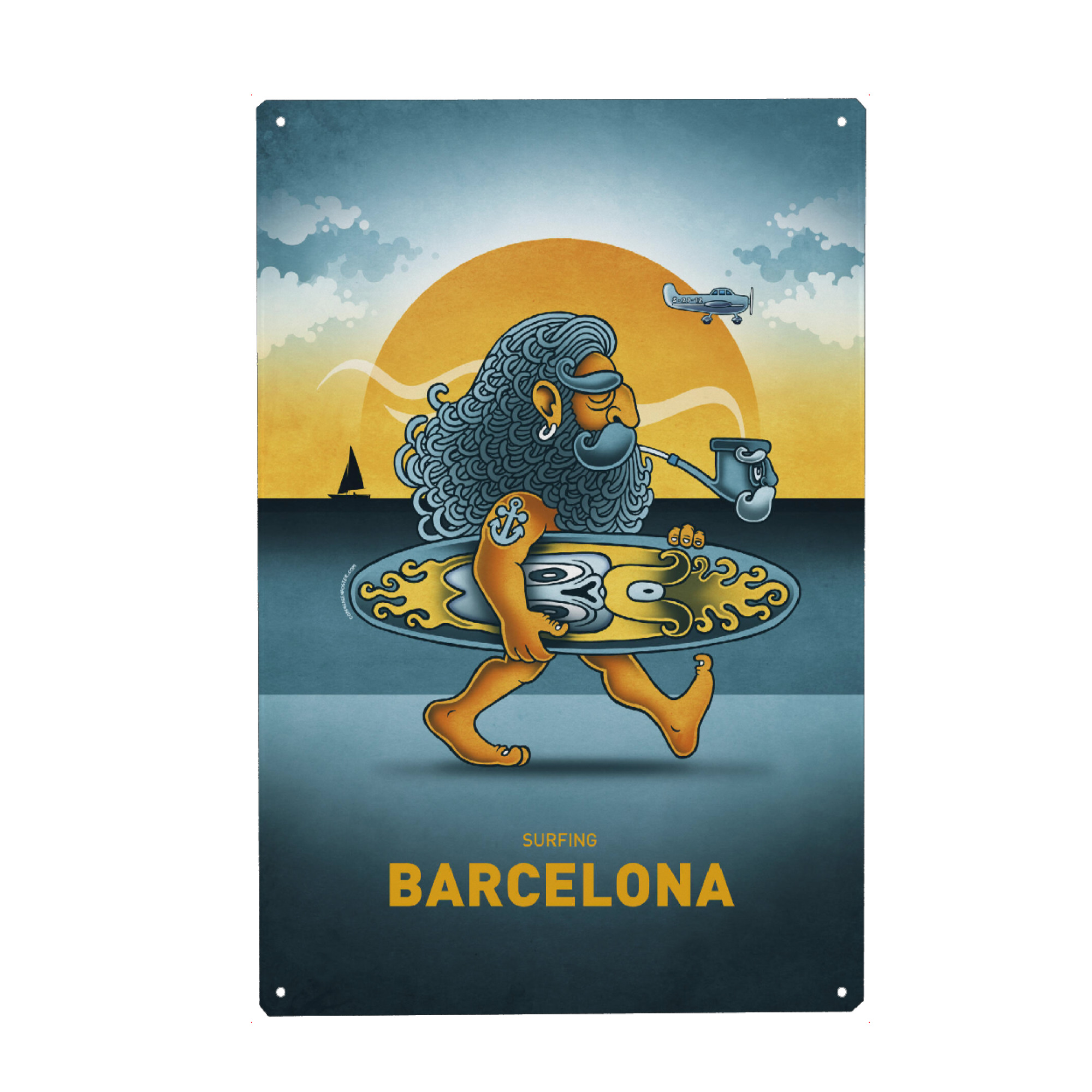 Metall Poster "Barcelona Surfer" artboxONE - Städte,Reise,Streetart,Städte / Barcelona,Lustig