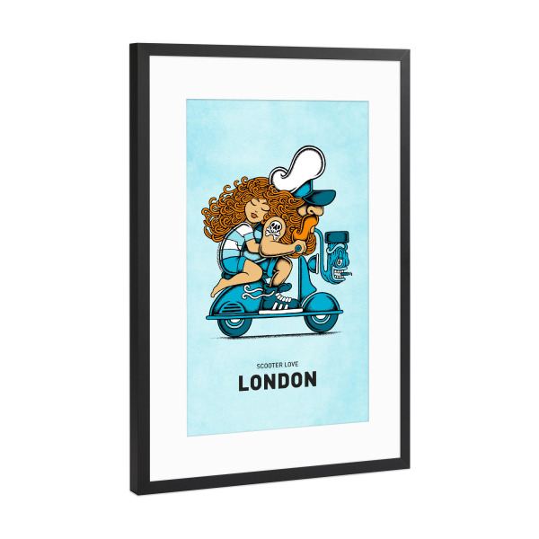 Poster mit Rahmen Schwarz (Metallic) "London Scooter Love" artboxONE - Städte,Städte / London,Reise,Liebe,Lustig