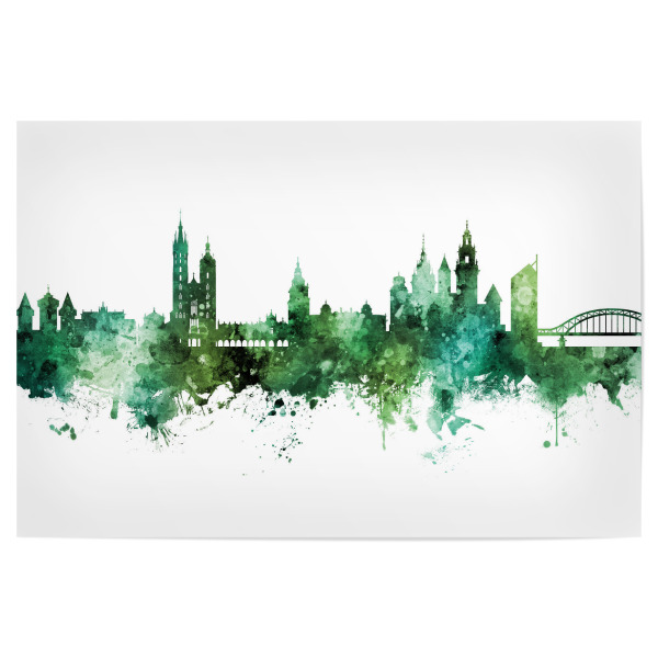 Poster "Krakow Poland Skyline Green" artboxONE - Städte - Krakow,Poland,Skyline,Cityscape,Stadtbild,Watercolor,City,Stadt,Polen,Krakau,Grün,Green