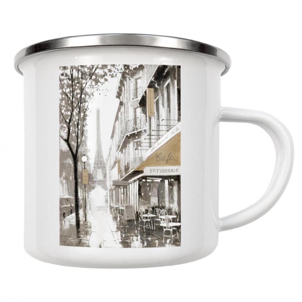 Emaille Tasse "Schlendern Sie durch Paris" artboxONE - Reise,Architektur,Städte / Paris - Paris,Reisen,Straßenszene,Straße,Geschäfte