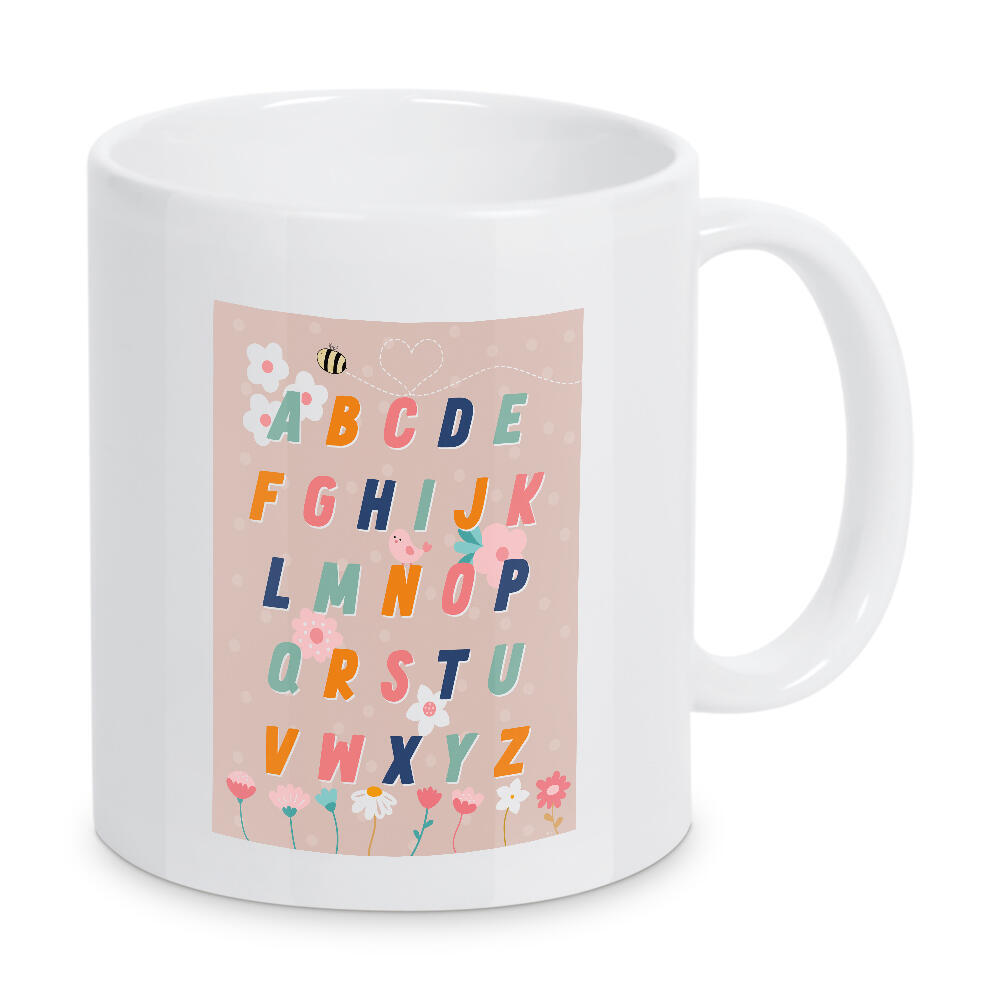 Tasse "Blumenalphabet" artboxONE - Natur,Für Kinder,Buchstaben - Alphabet,Buchstaben,Biene,Vogel,Blumen,Rosa