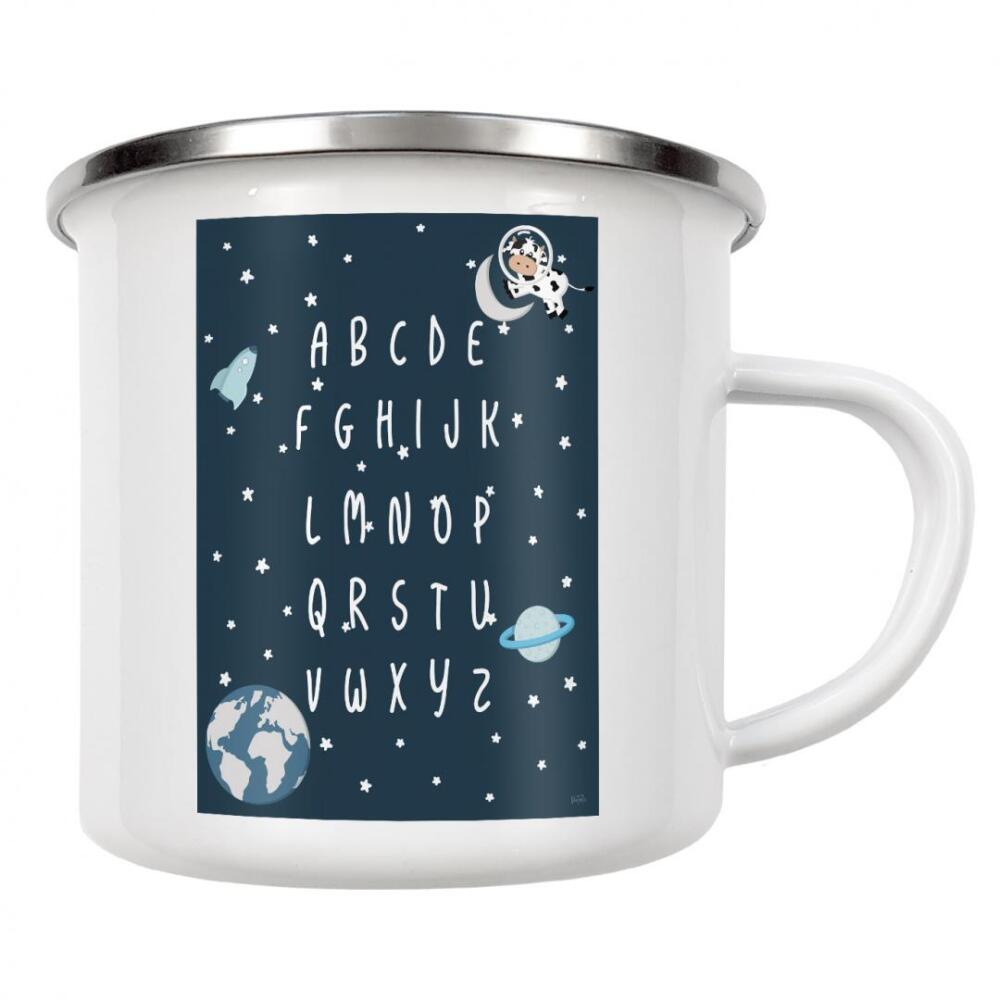Emaille Tasse "Weltraumkuh-Alphabet" artboxONE - Für Kinder,Tiere,Buchstaben - Kuh,Buchstaben,Alphabet,Weltraum,Erde,Rakete,Kinder,Kinderzimmer