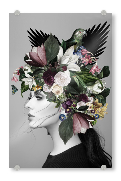 Acrylglasbild "Floral woman with a green bird" artboxONE - Natur,Floral,Menschen