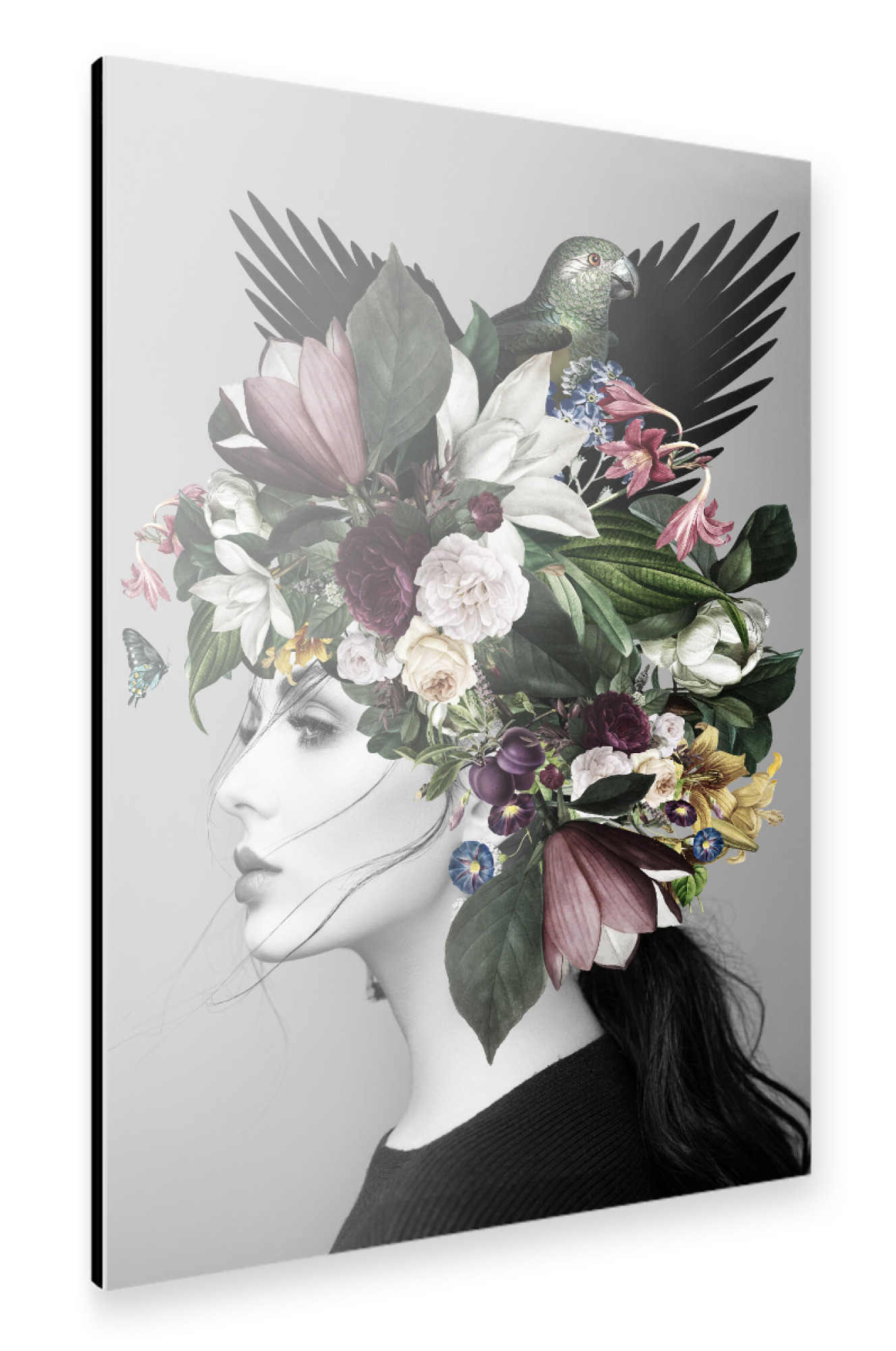 Alu-Dibond "Floral woman with a green bird" 75x50 cm artboxONE