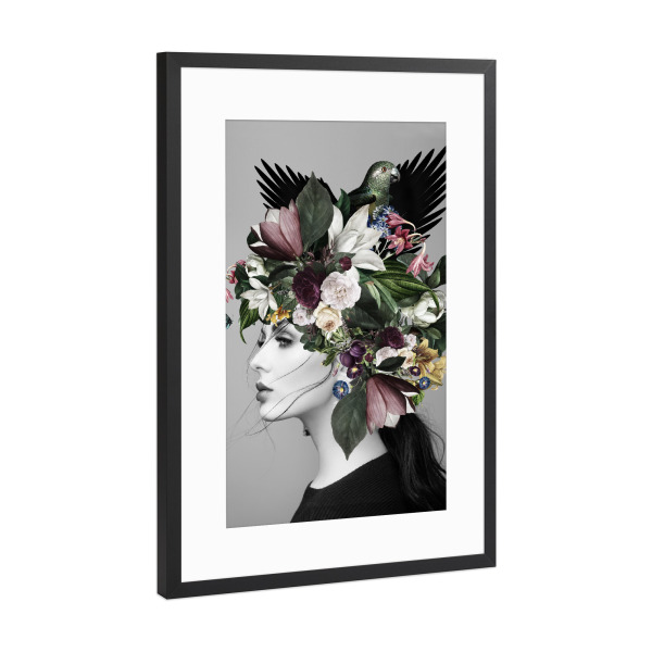 Poster mit Rahmen Schwarz (Metallic) "Floral woman with a green bird" artboxONE - Natur,Floral,Menschen