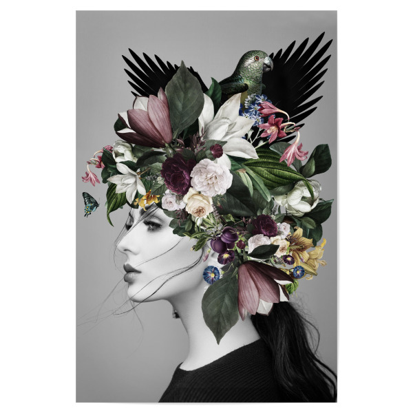 Poster 30x20 cm "Floral woman with a green bird" artboxONE - Natur,Floral,Menschen