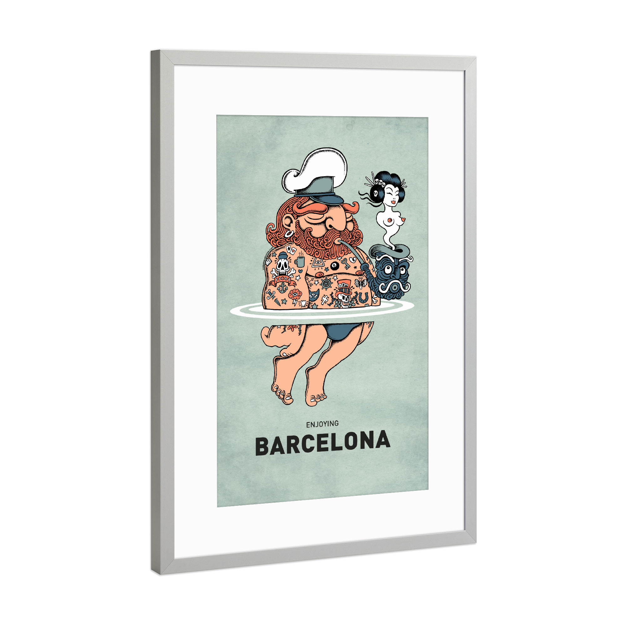 Poster mit Rahmen Silber "Barcelona Summer Sailor" artboxONE - Städte,Reise,Streetart,Städte / Barcelona,Lustig