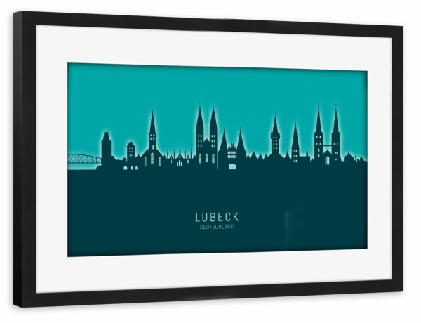 Poster mit Rahmen schwarz "Lubeck Germany Skyline Glow Teal" artboxONE - Städte