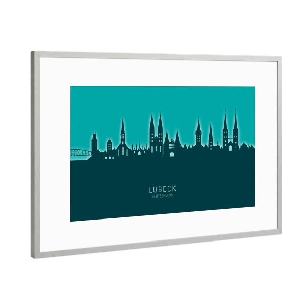 Poster mit Rahmen Silber "Lubeck Germany Skyline Glow Teal" artboxONE - Städte