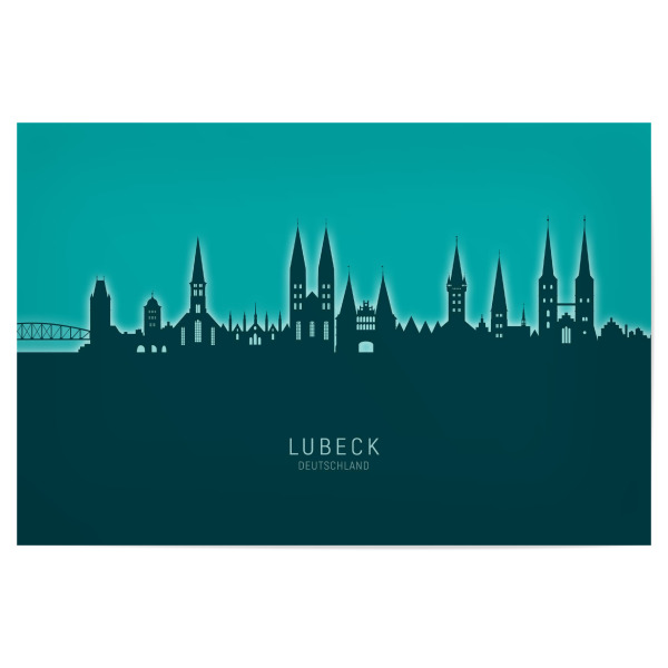 Poster "Lubeck Germany Skyline Glow Teal" artboxONE - Städte - Lubeck,Deutschland,Skyline,Cityscape,Stadtbild,Watercolor,City,Stadt,Germany