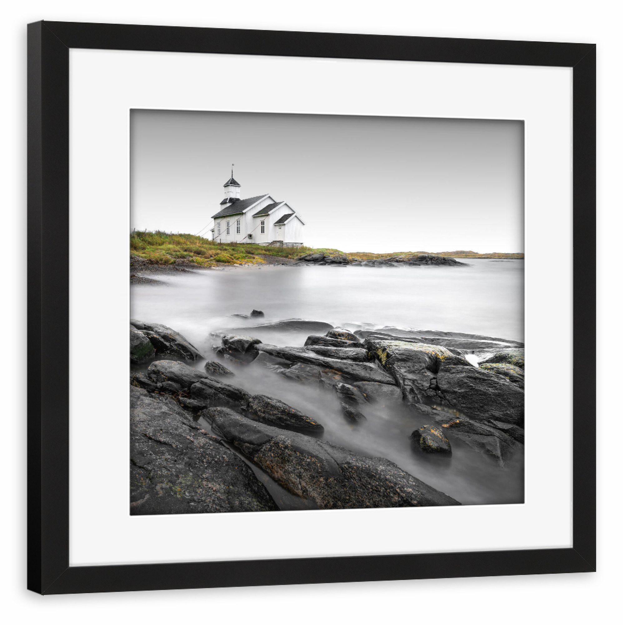 Poster mit Rahmen schwarz "Gimsoy Kirke | Lofoten" artboxONE - Natur,Reise,Architektur,Reise / Strand und Meer,Reise / Länder