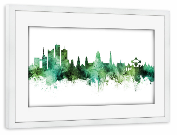 Poster mit Rahmen weiß "Brussels Belgium Skyline Green" artboxONE - Städte