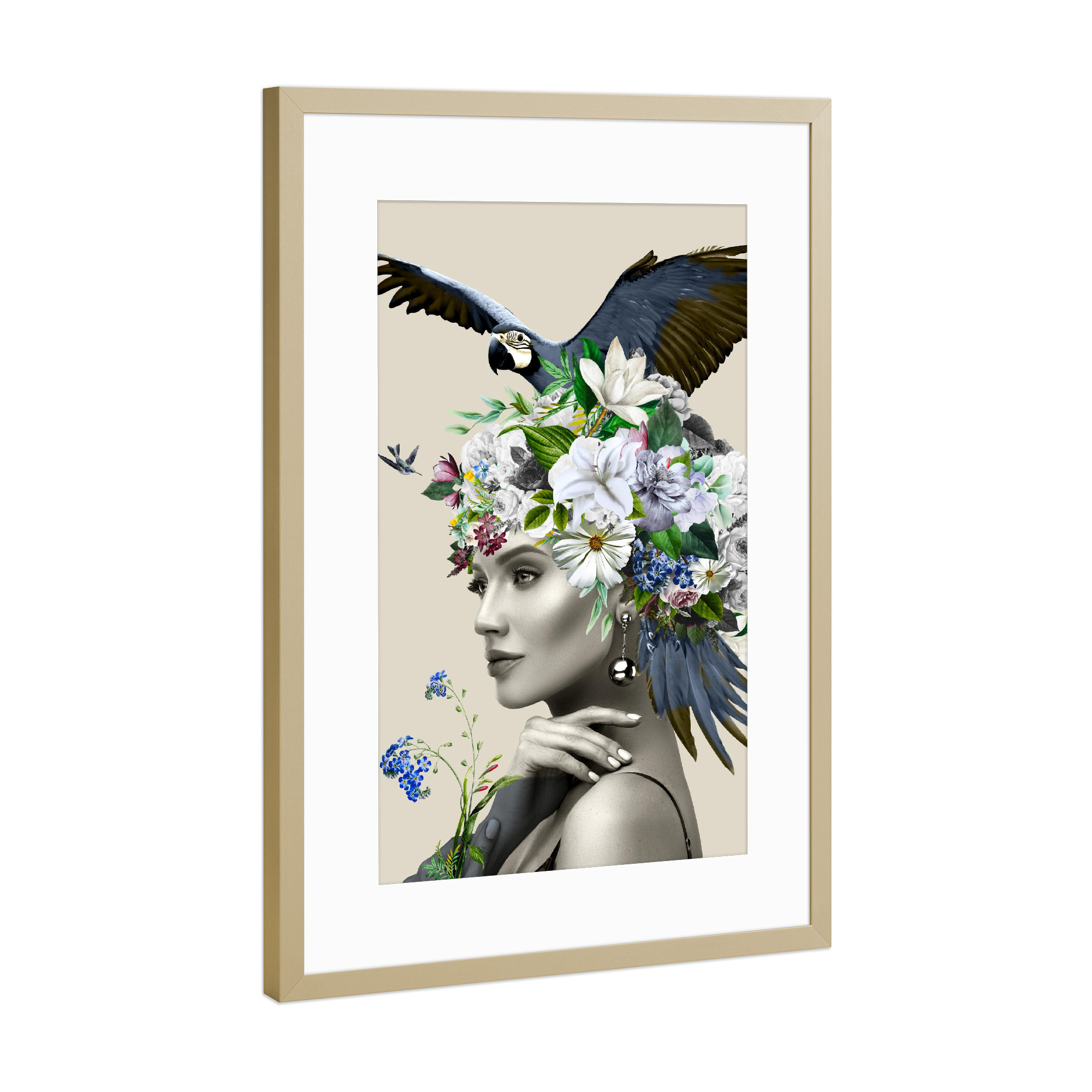Poster mit Rahmen Gold "Floral Woman Blue Birds" artboxONE - Natur,Floral,Tiere,Menschen