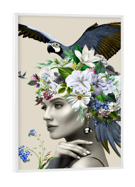 Poster mit weißem Rahmen "Floral Woman Blue Birds" artboxONE - Natur,Floral,Tiere,Menschen