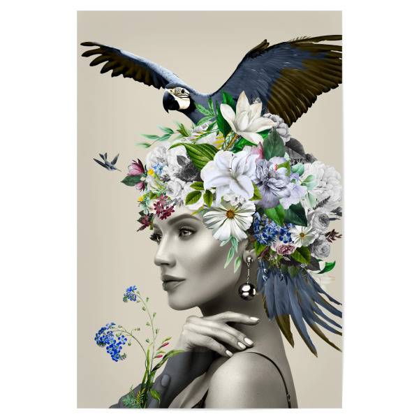 Poster "Floral Woman Blue Birds" artboxONE - Natur,Floral,Tiere,Menschen