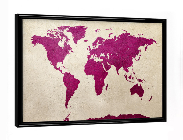Poster mit schwarzem Rahmen "World Map Hot Pink" artboxONE - Kartografie - World map,Stadtkarte,Watercolor,Painting,Worldmap,Weltkarte,Karte,Map,Welt