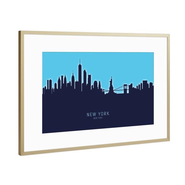 Poster mit Rahmen Gold "New York Skyline Glow Blue" artboxONE - Städte,Städte / New York