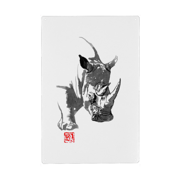 Metall Poster "Rhino in the zoo" artboxONE - Tiere - Rhinoceros,Sumie,Japan,Rhino,Tier,Animal,Schwarzweiß,Balckandwhite - Blechschild
