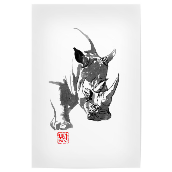 Poster 30x20 cm "Rhino in the zoo" artboxONE - Tiere - Rhinoceros,Sumie,Japan,Rhino,Tier,Animal,Schwarzweiß,Balckandwhite