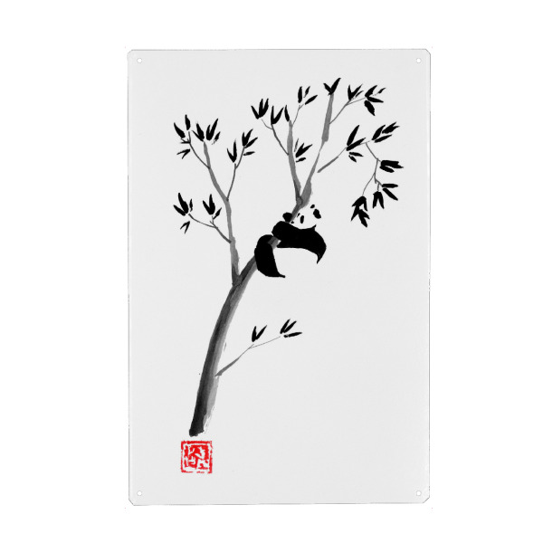 Holzbild "Panda in his tree pending" artboxONE - Natur,Tiere - Panda,Sumie,Japan,Bär,Pandabär,Pandabear,Natur,Nature,Schwarzweiß,Blackandwhite,Malerei