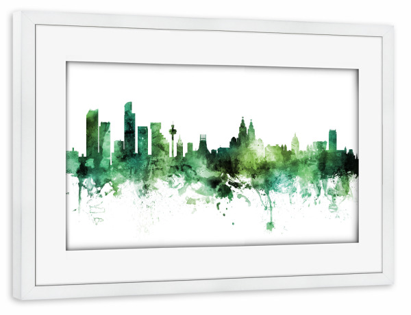 Poster mit Rahmen weiß "Liverpool England Skyline Green" artboxONE - Städte