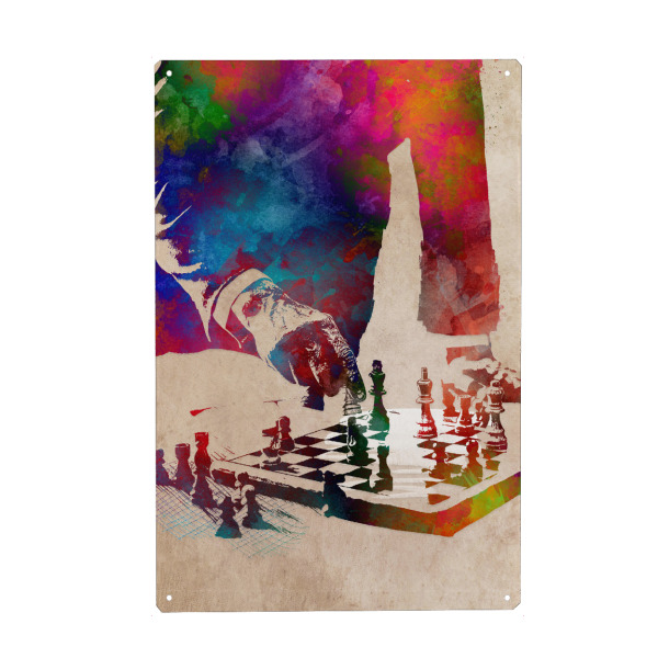 Metall Poster "Plays chess" artboxONE - Sport,Sport / Motivation - Active,Sports,Player,Team,Chess,Game,Chessmaster,Schach,Spiel,Sport - Blechschild