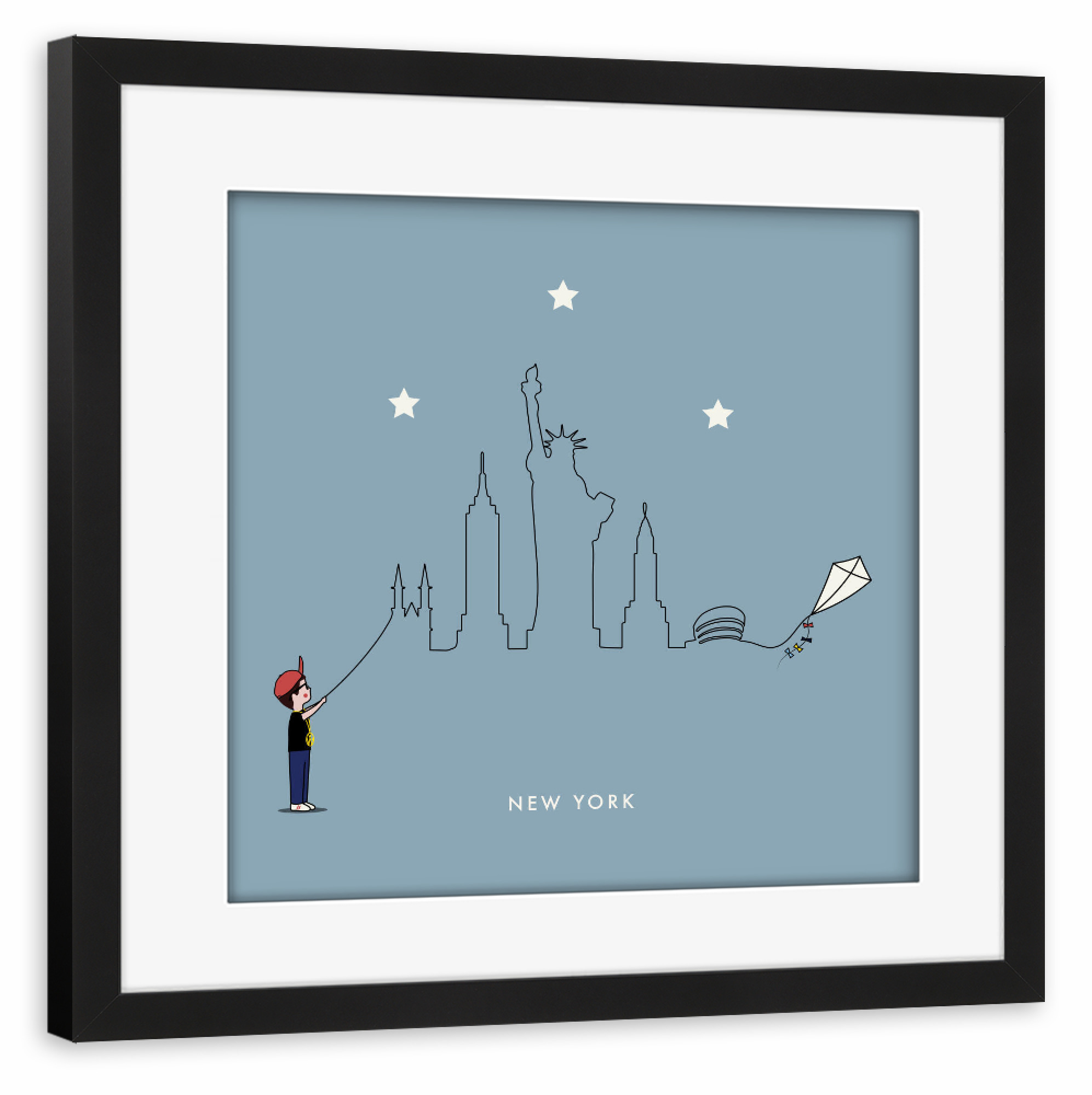 Poster mit Rahmen schwarz "New York Skyline Kite Boy" artboxONE - Städte,Städte / New York