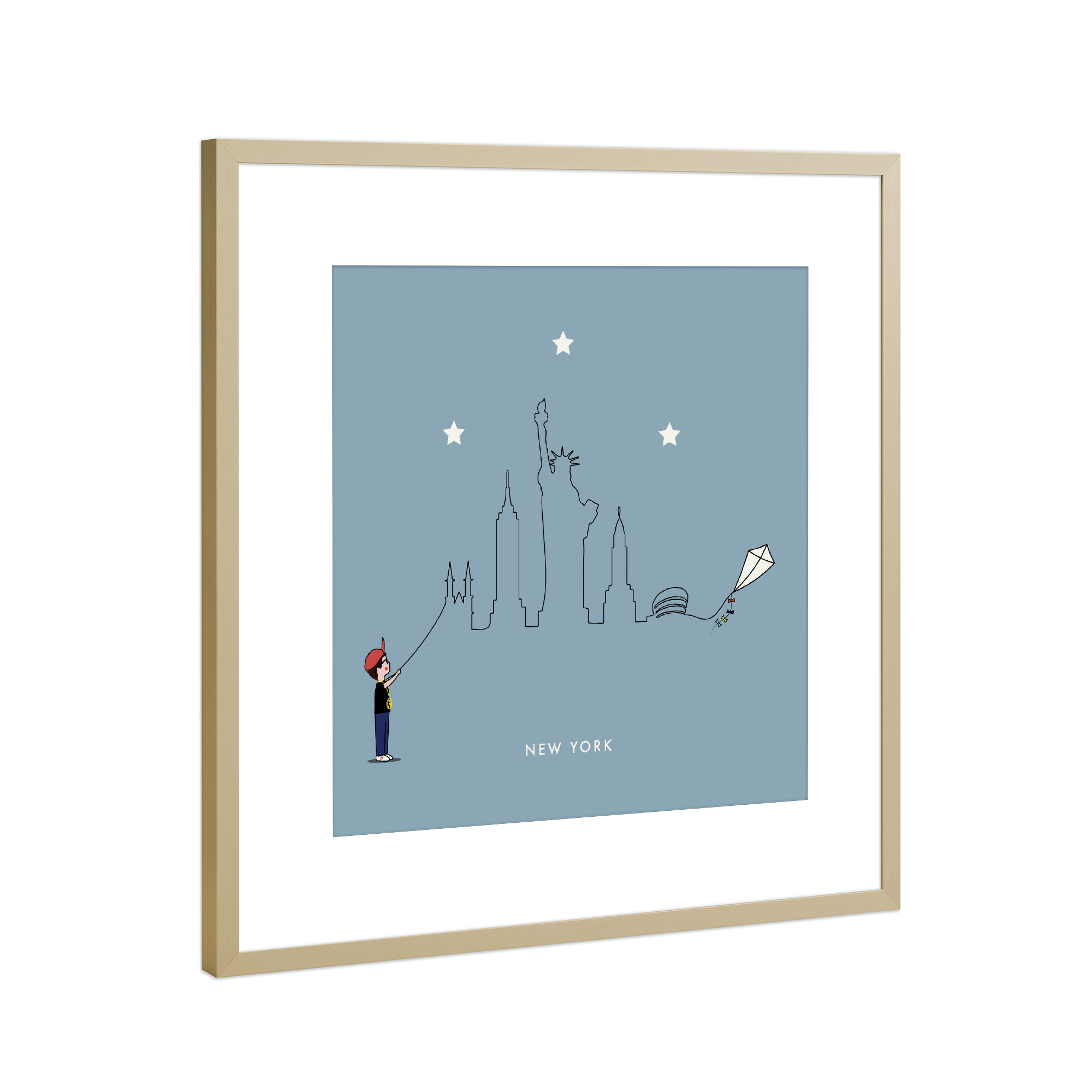 Poster mit Rahmen Gold "New York Skyline Kite Boy" artboxONE - Städte,Städte / New York
