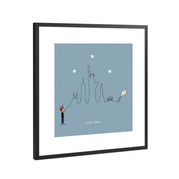 Poster mit Rahmen Schwarz (Metallic) "New York Skyline Kite Boy" artboxONE - Städte,Städte / New York