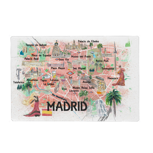 Holzbild "Madrid Spain Illustrated Map" artboxONE - Städte,Reise,Architektur,Kartografie