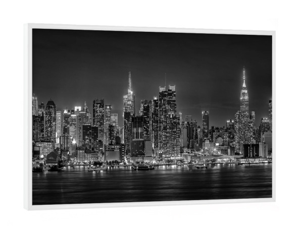 Poster mit weißem Rahmen "NYC Skyline bei Nacht SW" artboxONE - Städte,Städte / New York,Schwarzweiß,Architektur